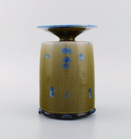 Isak Isaksson, Swedish ceramicist. Unique vase in glazed ceramics. Beautiful crystal glaze in blue