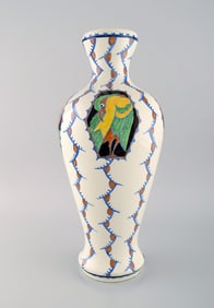 Boch Freres Keramis, Belgium. Large art deco vase in glazed ceramics with hand-painted birds. 1920s