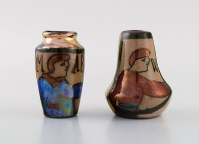 Bayeux, France. Two miniature vases in hand-painted glazed ceramics with gold decoration. 1930s /