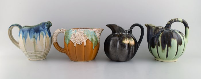 Four retro jugs in glazed ceramics. Beautiful glazes and shapes. Belgium, 1960s / 70s.