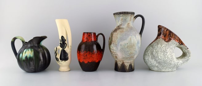 Five retro jugs in glazed ceramics. Beautiful glazes and shapes. Belgium, 1960s / 70s.