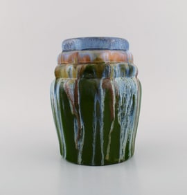 European studio ceramicist. Unique vase in glazed ceramics. Beautiful polychrome running glaze.