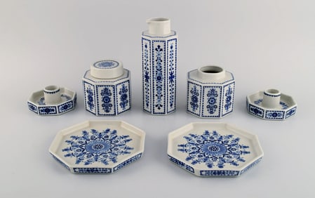 Arabia, Finland. Two candlesticks, two dishes, two tea caddies and a jug in glazed stoneware. Retro,