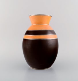 Boch Freres Keramis, Belgium. Rare art deco vase in glazed ceramics. Brown and orange glaze with