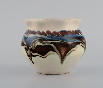 Kähler, Denmark. Glazed stoneware vase in modern design. Blue and brown running glaze on a