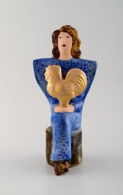 Very rare Lisa Larson unique figure of sitting woman in blue with golden rooster.