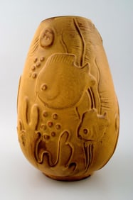 Mari Simmulson for Upsala-Ekeby art pottery vase. Fish in relief.