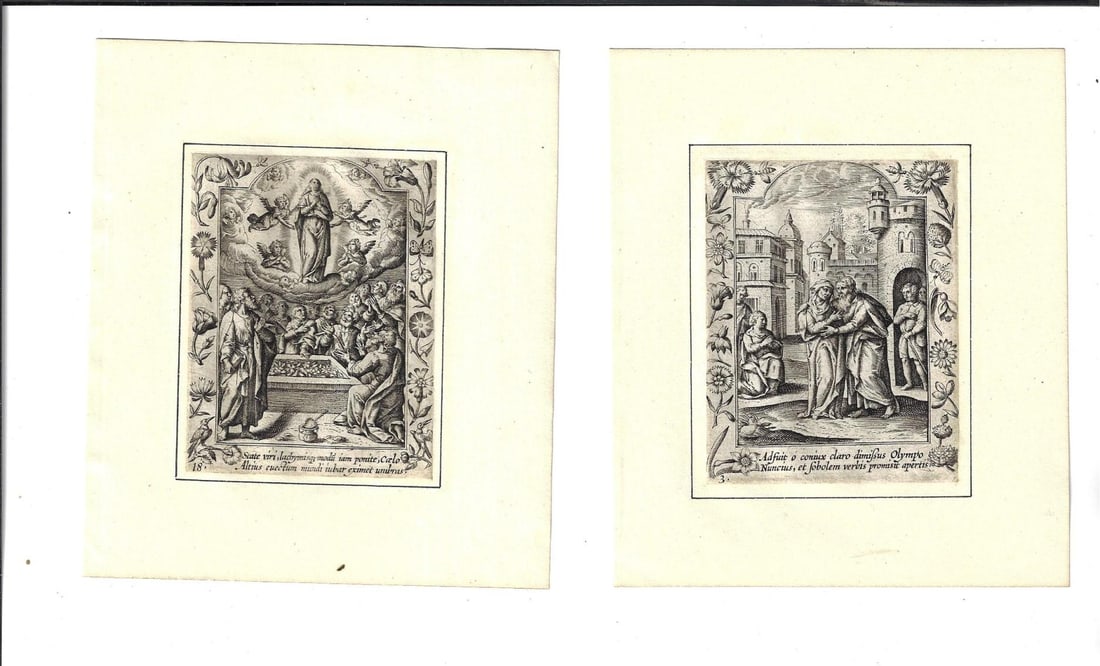 1630 Rare Set of Engravings Hieronymus Wierix: Six beautifully preserved engravings after Hieronymus Wierix (1553-1619) circa 1630 possibly by Theodore Galle. All professionally mounted on paper. Each measures 3,5 x 3" , 6 x 6.5" overall. Fine. Re