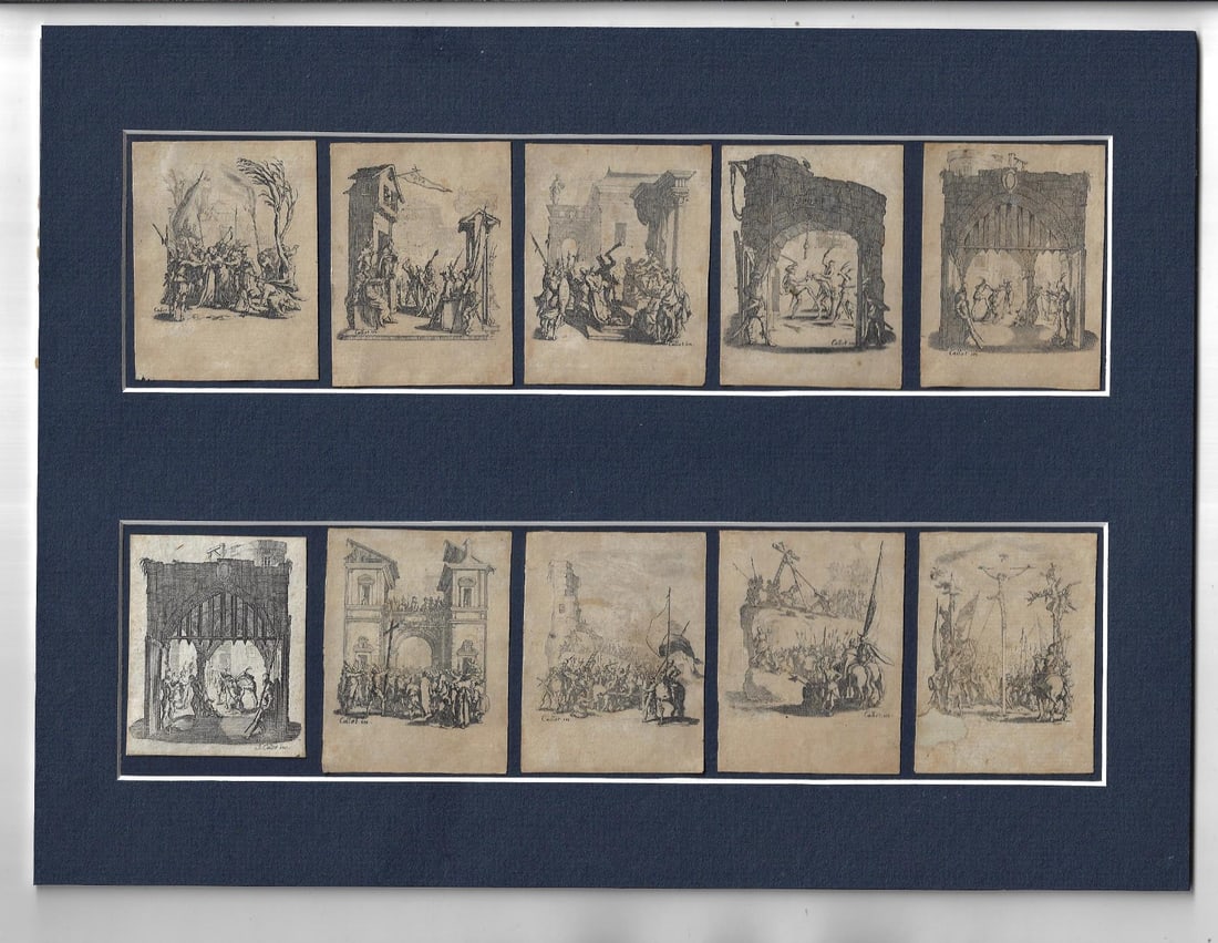 1625 Jacques Callot The Small Passion Engravings: Ten of the twelve engravings by Jacques Callot (1592-1635) from his work La Petit Passion (The Small Passion) circa 1625. Professionally matted and mounted to attractive gray matt. The crucixion shows