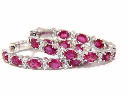 4.58ct natural red ruby diamond hoop earrings 14kt gold +: Elongated Hoop Earrings Rubies, Diamonds Alternated Inside Out 4.00ct. Natural Ruby Hoop Earrings. Rubies: Oval, Full Cut. Transparent & Even Red tone. Vivid red colors .58cts of round diamonds: G-col