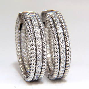 1.00ct natural diamond hoop earrings 14kt g/vs Barley Rope Twist 3D & Button++: Barley Row / Rope Twist / Three Row 1.00ct. Natural Round, Brilliant diamonds hoop earrings. Modern, In & Out. G color, VS-2 clarity Full cuts, great sparkle. .95 inch in diameter 5.7 mm wide 14.5 gra