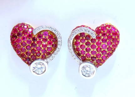 1.44ct natural Ruby diamonds heart earrings 14kt yellow gold+: Ruby and Diamond Heart Form Dangle earrings. .44ct. round rubies, full brilliant cut clean clarity and transparent 1.00ct. natural round diamonds G color vs2 clarity. 14 karat yellow gold 5.6 grams 13