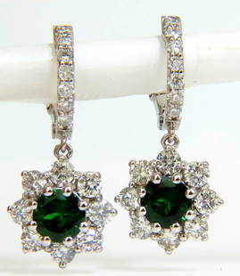 2.88CT NATURAL FINE GEM TSAVORITE DIAMOND DANGLE EARRINGS HOOP 14KT G/VS++: 1.38ct. Natural Tsavorites Earrings Vivid Green Full round cuts Clean Clarity Excellent transparency Diameter 5.8mm 1.50ct. Diamonds: Rounds full cuts. G-color, Vs-2 clarity Mini Hoop & gorgeous dangl