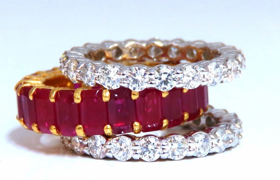 Stackable Ruby Diamonds eternity Rings 14kt Natural Vivid Reds Stacking 11.36ct: 8ct. emerald cut Natural Rubies & 3.36ct diamonds stackable rings. Three rings. Rubies: Clean Clarity & full emerald cuts. Transparent & Vivid red colors. Average: 3 x 5mm each / 21 count 3.36ct. natu