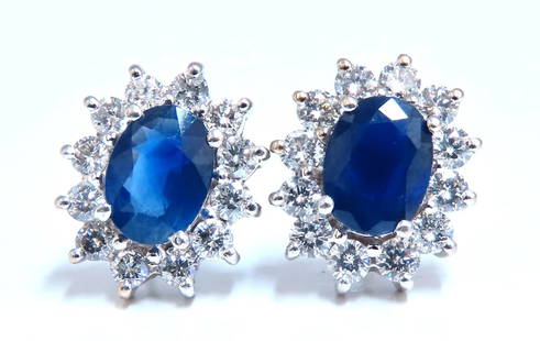 4ct Natural Sapphire Diamonds Cluster Earrings 14 Karat gold: Sapphire Halo Cluster Natural sapphire & Diamonds classic cocktail Stud earrings 3ct total weight sapphires Oval, full cut brilliants. Each sapphire: 8 x6mm Clean clarity & transparent. Royal Blue Col