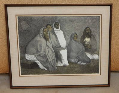 FRANCISCO ZUNIGA Color Lithograph on Wove Paper Grupo de Mujeres S/N 68/100 1977: Francisco Zuniga (Mexico 1912-1998). Color Lithograph on Wove Paper Edition of 100, Grupo de Mujeres 1977, 22" x 29-1/2" image sight size floated in the frame (framed size: 31-1/2" x 38-1/2") signed/n