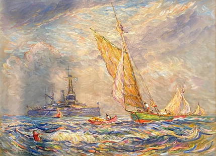 Reynolds Beal, Impressionist Oil Painting, USS Utah Rockport Mass, American 1928: Title: Reynolds Beal, Impressionist Oil Painting, USS Utah Rockport Mass, American 1928 Additional Information: Origin: United States Period: 1920-1949 Condition: Good. Wear consistent with age and us