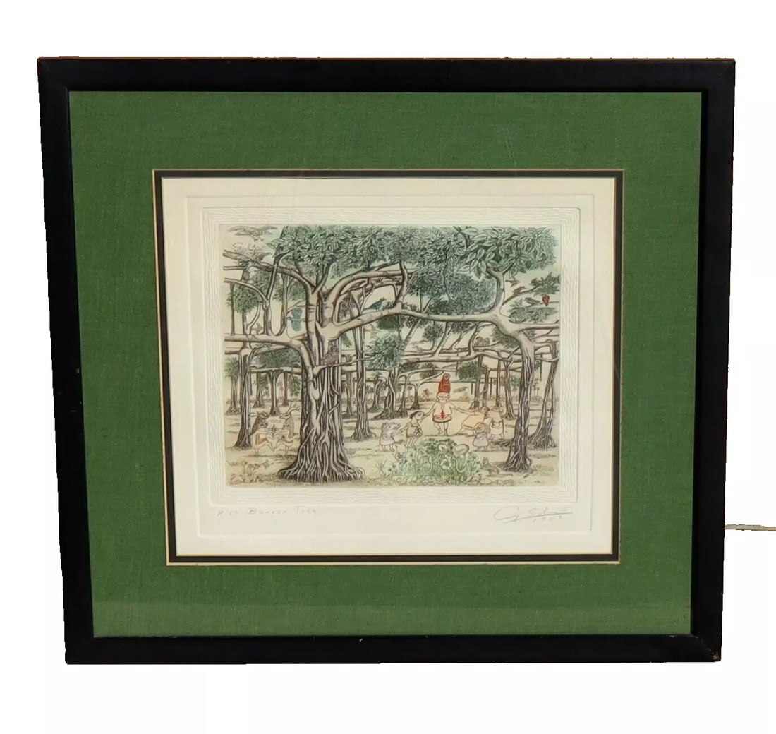 GUILLERMO SILVA SANTAMARIA Surrealist Colored Etching Banyan Tree 1969 #A-60: GUILLERMO SILVA SANTAMARIA (1921-2007). Banyan Tree, 1969, Colored Etching, 9-1/2" x 11-3/4" image sight size (framed size: 21-1/2" x 23-1/2") numbered lower left: A-60 (edition of 100) and titled Ban