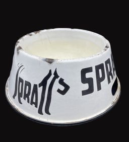 RARE 1920’S SPRATT’S ENAMEL ADVERTISING DOG BOWL WITH THE TERRIER LOGO ON TWO SIDES