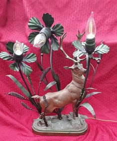 Rare Elk Deer Clock Figure Table Lamp 1890s Sockets Mica