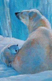 Rare 20th century oil painting Polar Bears, Mother And Cub