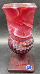 Vintage Imperial Glass End O' Day Swirl Slag Glass Pedestal Vase w Tag, Nymphs
