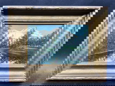 Miniature Primitive Mountain Landscape Painting Signed