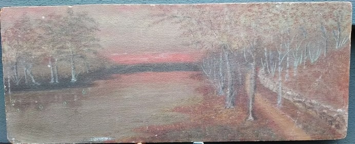 19th century Oil painting winter scene Stone wall path