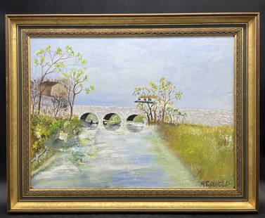 PA FOLK ART Stone Bridge PAINTING C. REINHOLD: Title: PA FOLK ART Stone Bridge PAINTING C. REINHOLD Date/Period: unknown Dimension: Approx 18.5 x 14.5 Material: oil on board, wood frame Additional Information: OLD VINTAGE OIL PAINTING C. REINHOLD