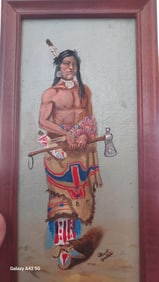Oil painting Native AMERICAN warrior 1920 Colorful signed Albert White
