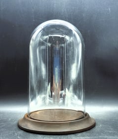 ANTIQUE GLASS BELL JAR DOME W Wooden BASE