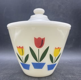 Vintage Fire King Tulip Ivory Oven Glass Grease Jar with Lid