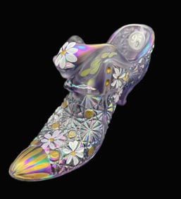 FENTON ART GLASS 95TH ANNIVERSARY HAND PAINTED SIGNED LILAC GOLD IRIDESCENT SHOE