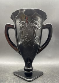 Vintage L.E. Smith Black Amethyst Glass Trophy Vase Urn Embossed Heart & Nymphs
