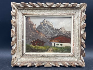 Antique German Folk Art Paining Framed Signed