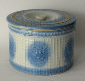 Antique blue & white stoneware butter crock with lid.
