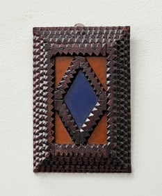 Tramp art frame with colored glass inserts