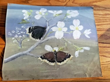 Beautiful butterfly painting on sandpaper antique vintage cherry apple blossoms