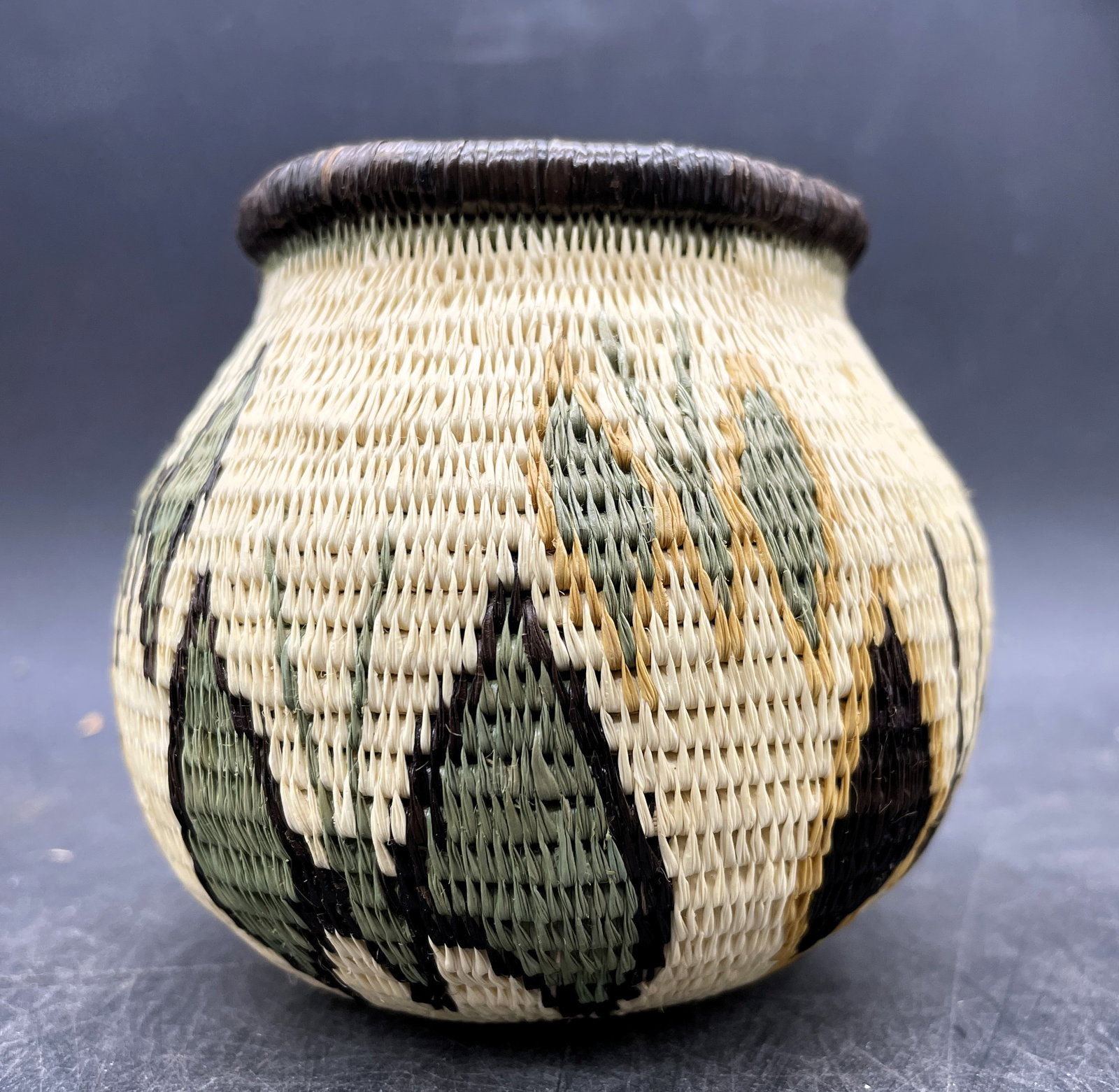 BUTTERFLIES WOUNAAN BASKET: Title: BUTTERFLIES WOUNAAN BASKET Date/Period: unknown Dimension: Approx 3" x 3" Material: Additional Information: BUTTERFLIES ON ECRU WOUNAAN Petite BASKET Shipping: Domestic: Flat-rate of $7.00 to a