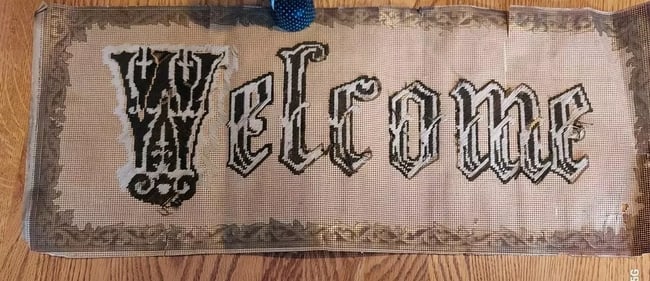 Rare needlepoint sampler WELCOME. no frame. cracks