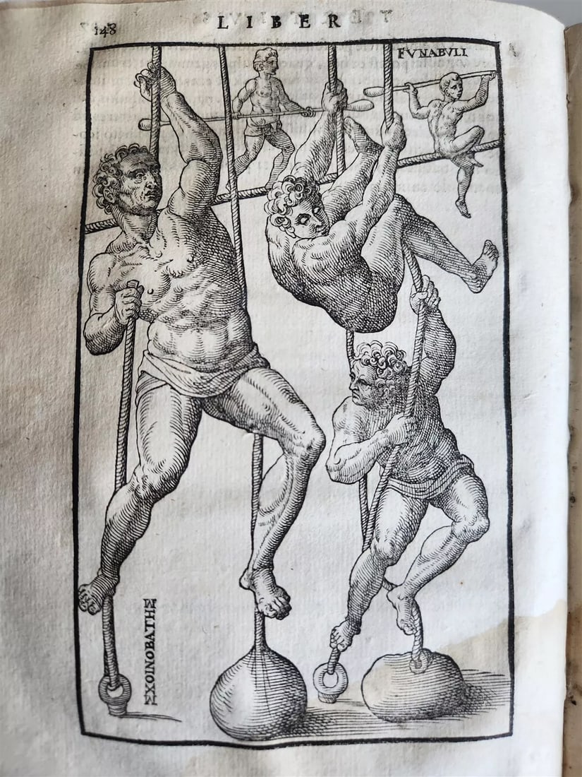 1573 DE ARTE GYMNASTICA ILLUSTRATED wrestling 23 WOODCUTS antique VELLUM 16th C. (1 of 20)