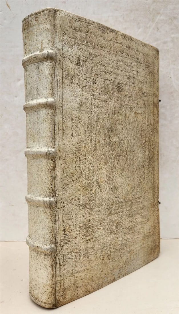 1737 BIBLE in LATIN & GERMAN antique PIGSKIN BOUND FOLIO: Biblia Sacra Vulgate Editionis. Latino-Germanica Augsburg ; 1737 Folio: 9 1/2 by 15 1/3" Original blind tooled pigskin over wooden boards. Spine with raised bands. Intact clasps. 905 pages Title pages