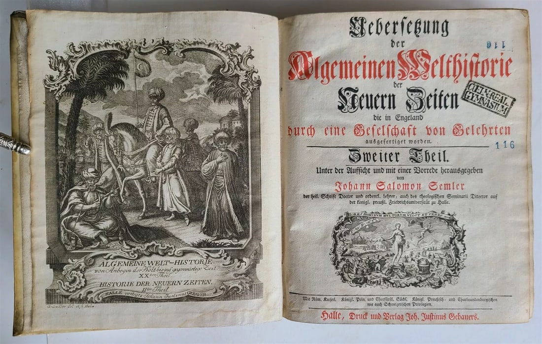 1759 HISTORY OF THE WORLD in GERMAN antique ILLUSTRATED w/VIEW of ISFAHAN vellum: Ubersetzung der algemeinen Welthistorie der neuern Zeiten die in Engeland durch eine Geselschaft von Gelehrten ausgefertiget worden. (World History) Halle (Saale, Germany); 1759 Original full vellum b