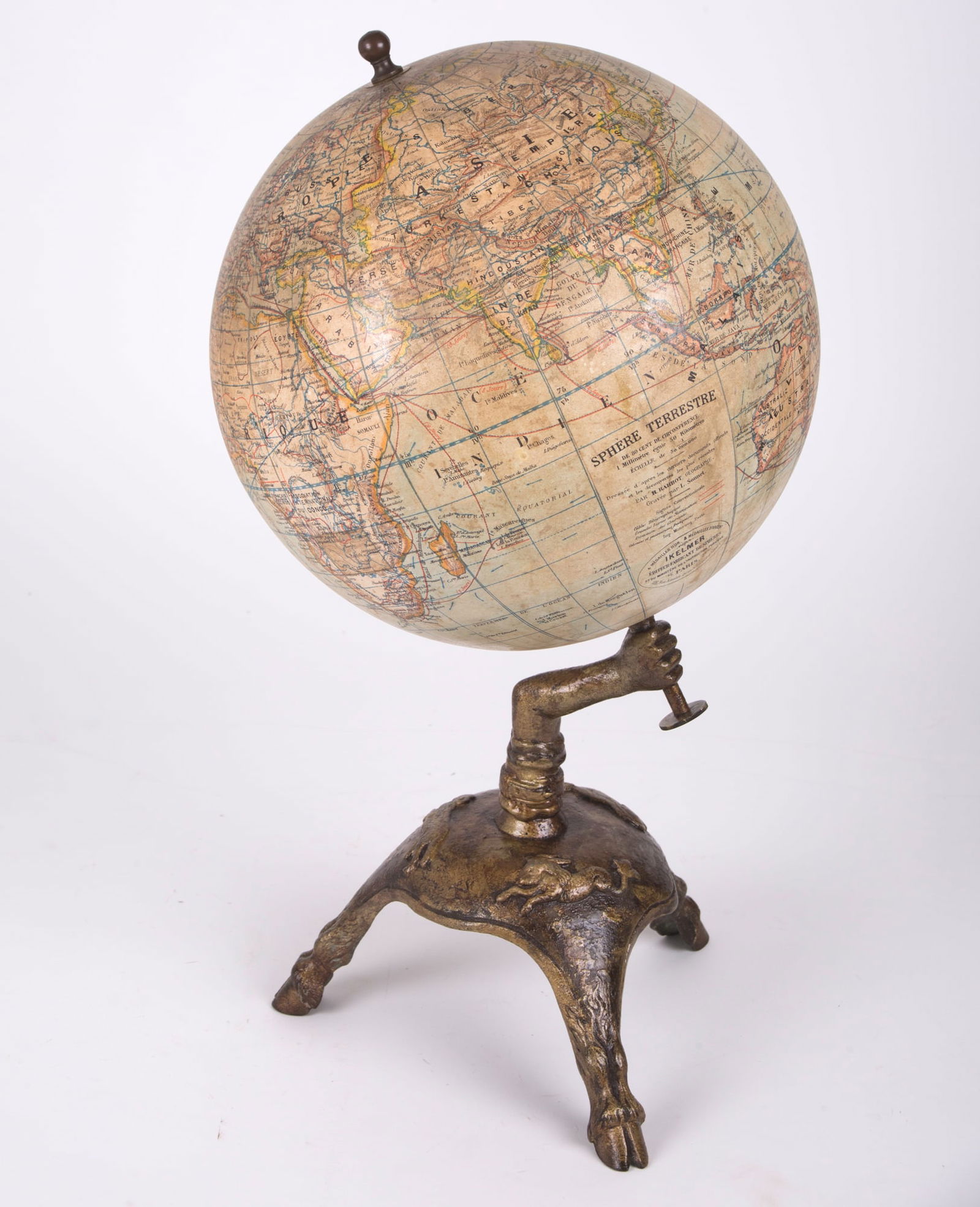 12" TERRESTRIAL FRENCH ANTIQUE TABLE GLOBE IKELMER 1880: 12" TERRESTRIAL FRENCH ANTIQUE TABLE GLOBE IKELMER 1880 SCHOOL GLOBE This 12 inches globe was Edited by Ikelmer,a French editor of the late 19th , Little is know about him ,"dressée par R.Barbot