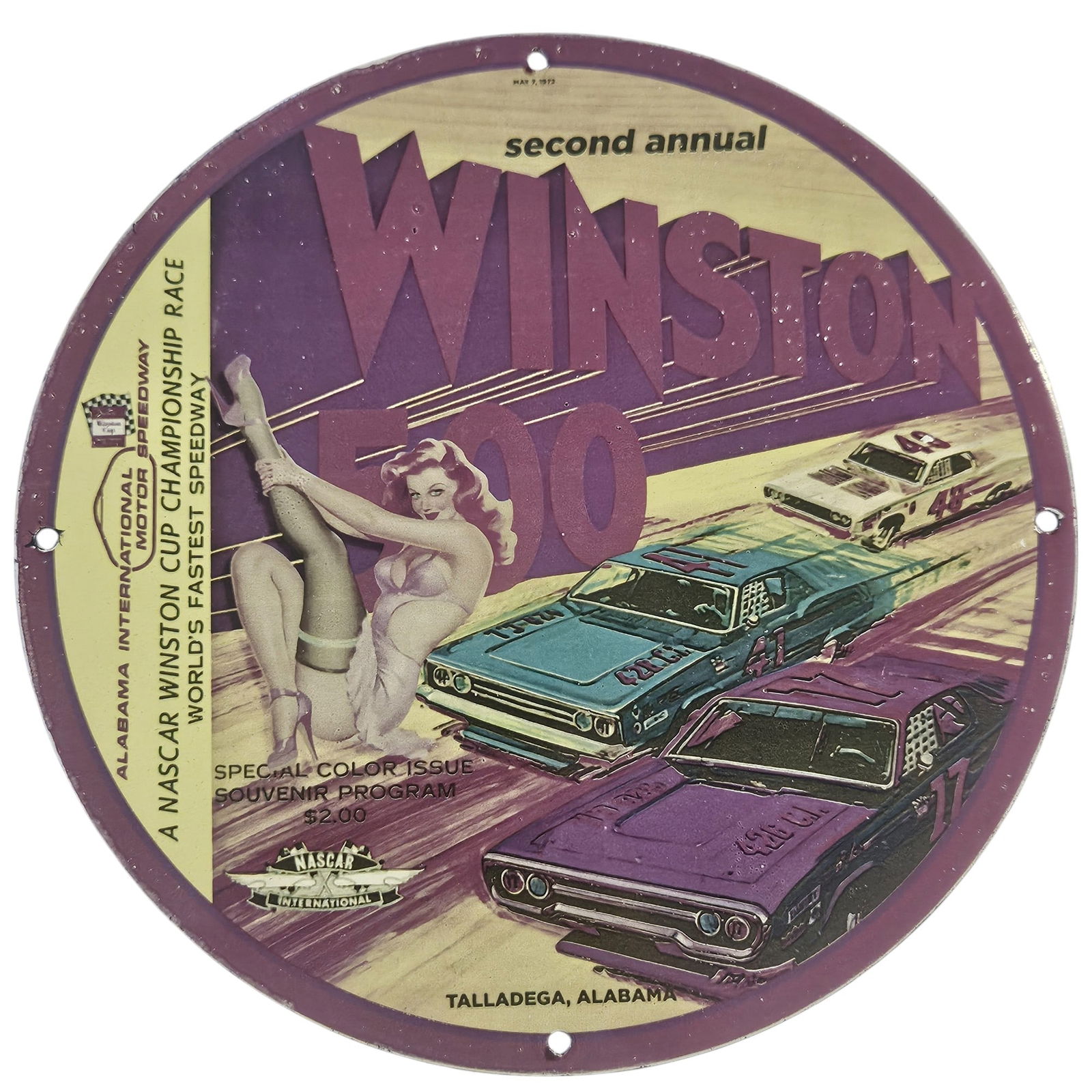 Vintage NASCAR Porcelain Sign: 2nd Annual Winston 500 - Unique Gas & Oil Collectible: Discover a rare piece of NASCAR history with this vintage porcelain sign celebrating the 2nd Annual Winston 500. Measuring approximately 12 inches in diameter, this original design sign is not just a