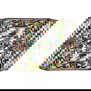 44" Folding Stained Glass Fireplace Screen: 44" Wide x 28" Tall A stunning reproduction stained glass fireplace panel meticulously handcrafted from pieces of hand cut stained art glass. Each individual piece of stained glass is meticulously lin