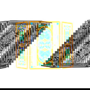 40" Folding Stained Glass Fireplace Screen: 40" Wide x 31" Tall A stunning reproduction stained glass fireplace panel meticulously handcrafted from pieces of hand cut stained art glass. Each individual piece of stained glass is meticulously lin
