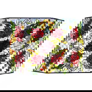 40" Folding Stained Glass Fireplace Screen: 39.5" Wide x 26" Tall A stunning reproduction stained glass fireplace panel meticulously handcrafted from pieces of hand cut stained art glass. Each individual piece of stained glass is meticulously l
