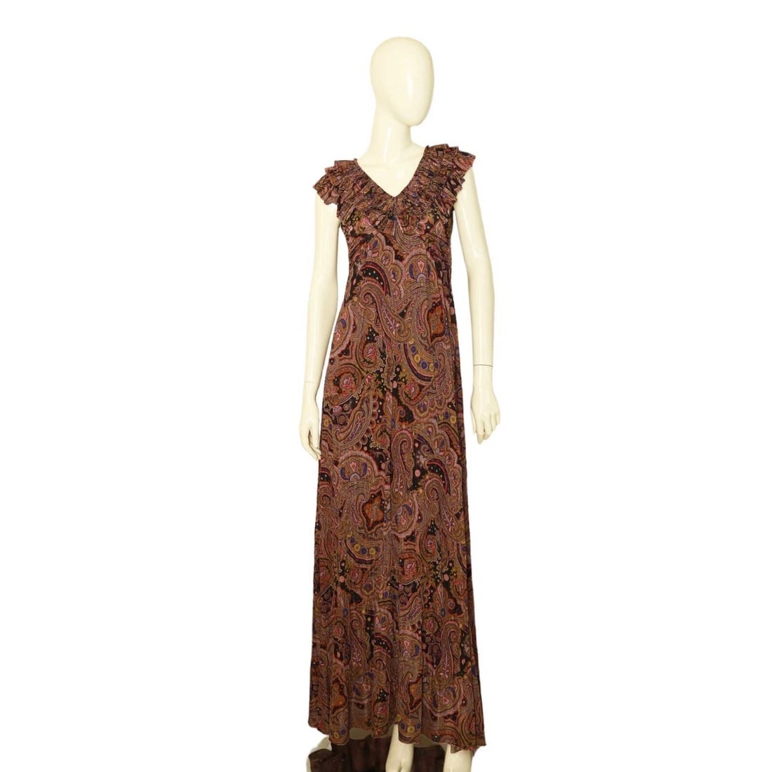 ETRO Multicolor Paisley Print Sleeveless Ruffled Neckline Maxi Long Dress 40: ETRO Multicolor Paisley Print Sleeveless Ruffled Neckline Maxi Long Dress 40 This magnificent dress by ETRO has the perfect out of the ordinary and extremely impressive style!! It is a maxi length sle