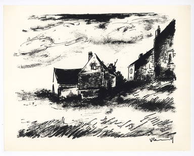 Maurice de Vlaminck original lithograph "Potiniere at Rueil": Medium: original lithograph. Printed in Paris in 1958 at the Mourlot atelier, and published by Andre Sauret in an edition of 2000. Size: 9 1/2 x 12 1/4 inches (242 x 310 mm). Signed in the plate (not